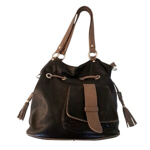 Vintage Made In Italy 100% Leather Bucket Bag Shoulder Bag Purse Black Tan VTG